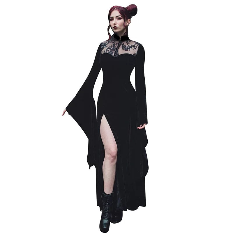 Lace Patch Flare Sleeve Dress with Lace Hollow Splicing Horn Sleeve Long Dress for Women