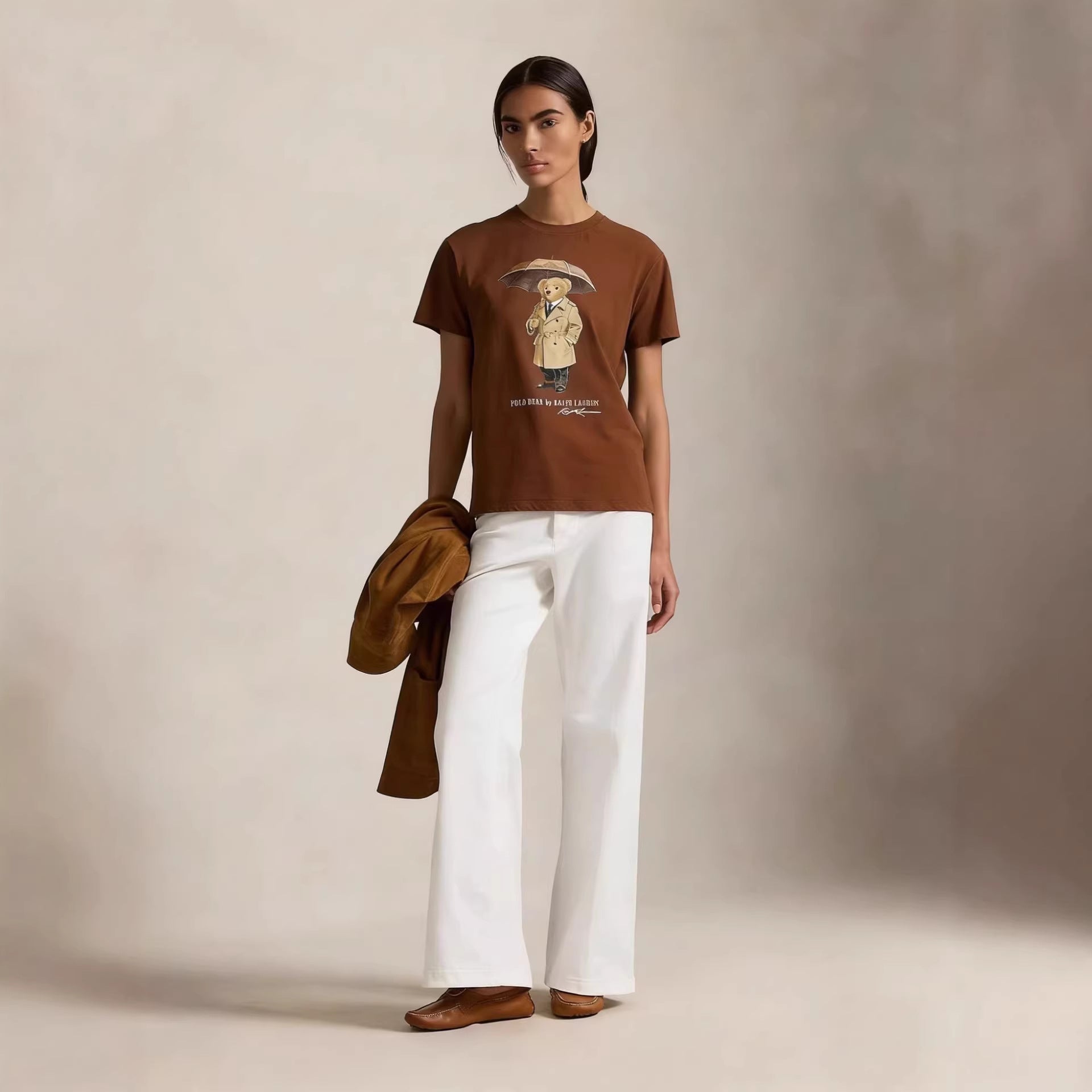 European and American Cross border 2026 Summer Cross border Women's Fashion New Casual Bear Printed Round Neck T-shirt Short Sleeve Top