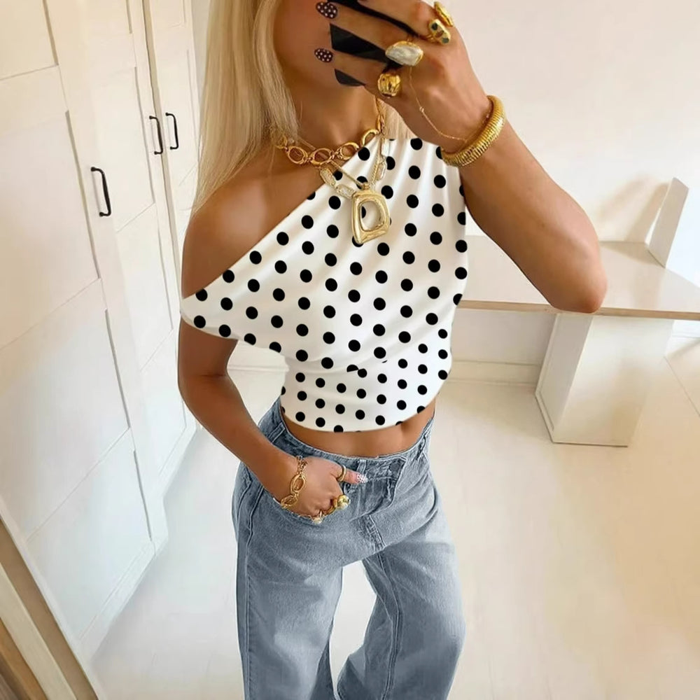 2026 European and American Cross border Summer Fashion New Women's Top, AliExpress Personalized Wave Point Slant Shoulder Exposed Umbili Short Top