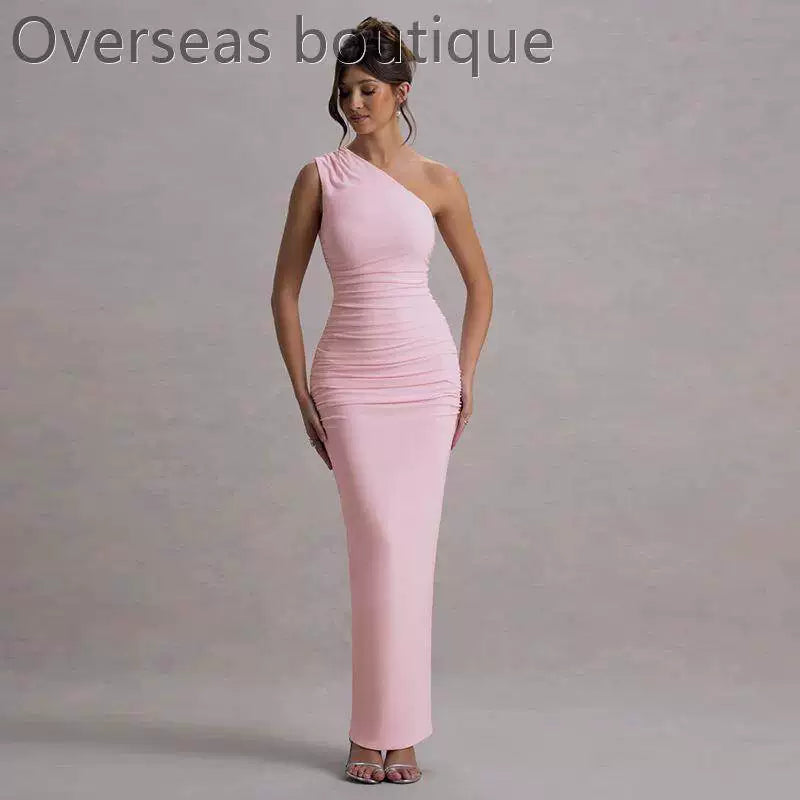 Slanted Shoulder Dress with Folded Diagonal Shoulders, Slimming and Waist cinching Evening Dress for Women
