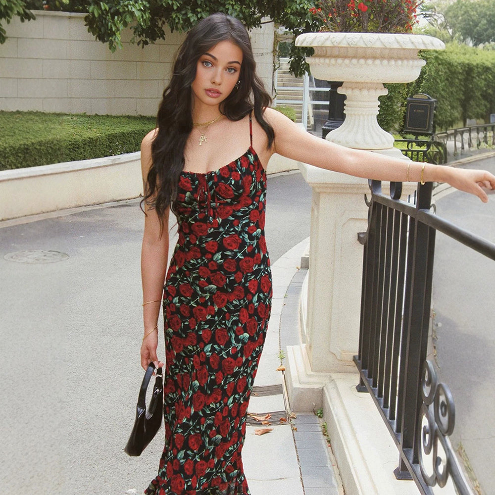 2026 New Cross border Women's Summer Vintage Printed Slimming Bag Hip Short Skirt with Floral Strap Dress from Europe and America