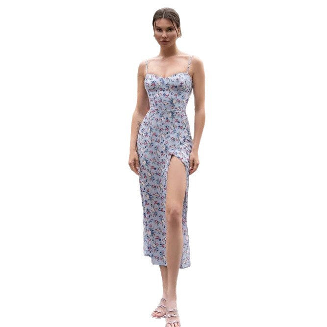 European and American 2026 new cross-border women's sexy slim fit slit sweet and spicy style high waisted sleeveless printed suspender dress