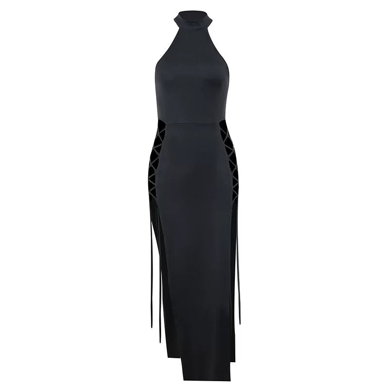Hanging neck cut out dress slimming spicy girl long dress hanging neck hollow double slit dress for women