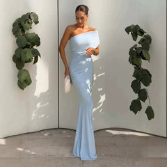 2026 New Cross border Women's Clothing French Gentle Style Single Shoulder Slant Shoulder Folded Waist Fish Tail Holiday Dress from Europe and America