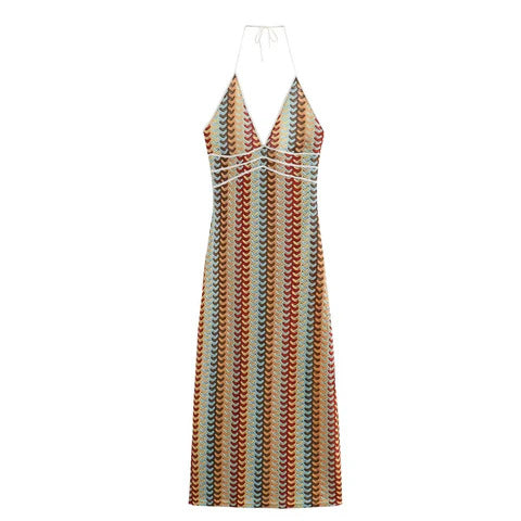 2026 New Cross border Women's Vacation Spicy Girl Style Retro Color Striped Hanging Neck Deep V-Bag Hip Dress from Europe and America