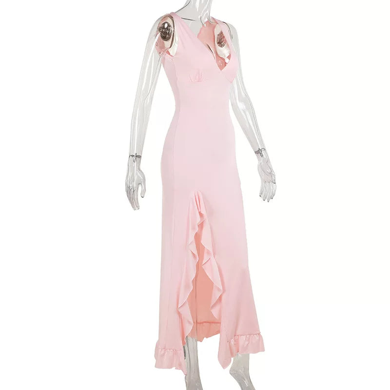 Sling long skirt with slit dress, halter top long skirt collar, ruffle edge slit dress
