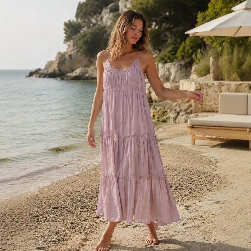2026 New Cross border Women's Clothing French Fashion Seaside Vacation Style Strap Solid Color Midi Dress Long Skirt in Europe and America