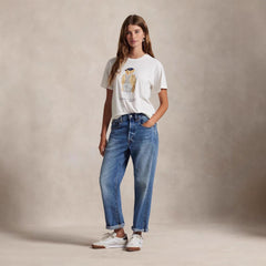 European and American Cross border 2025 Summer Cross border Women's Fashion New Casual Bear Printed T-shirt Round Neck Loose Short Sleeve