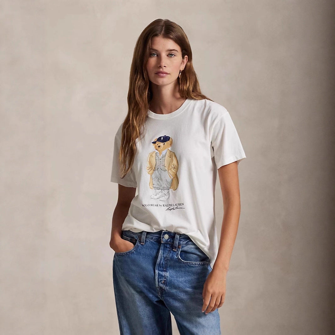 European and American Cross border 2025 Summer Cross border Women's Fashion New Casual Bear Printed T-shirt Round Neck Loose Short Sleeve