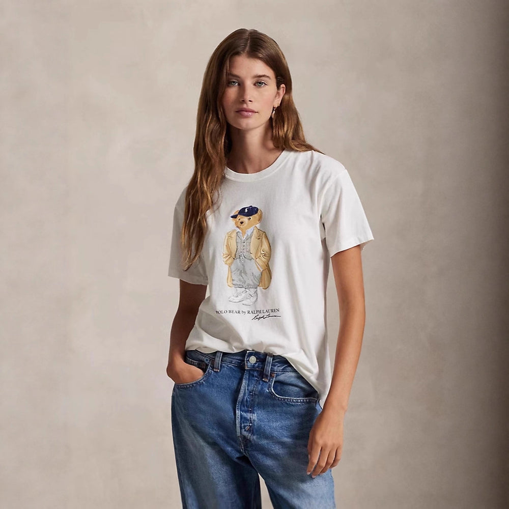 European and American Cross border 2025 Summer Cross border Women's Fashion New Casual Bear Printed T-shirt Round Neck Loose Short Sleeve