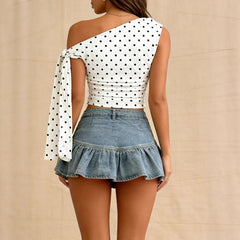 2026 European and American Cross border Summer Foreign Trade Style Wave Point Asymmetric Collar Short Tank Top Speed TEMU Versatile Strap Top