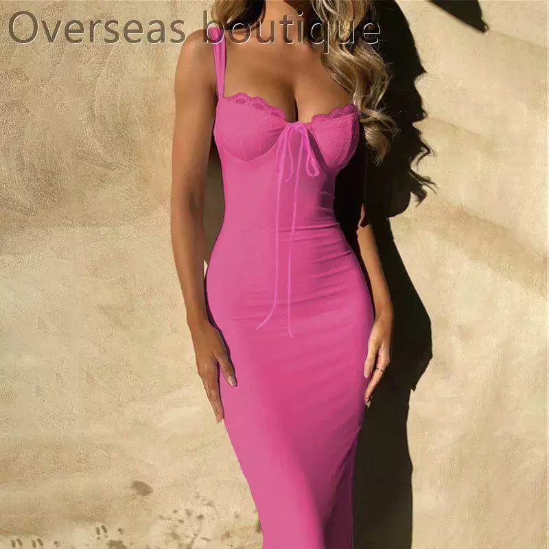 Lace patchwork slit camisole dress slim fit lace patchwork slit suspender dress