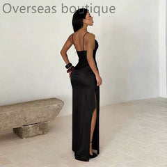 Split party dress for women with suspender texture and split party dress