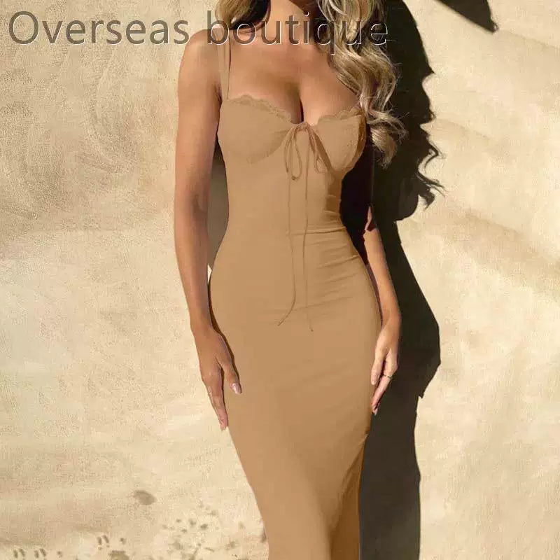 Lace patchwork slit camisole dress slim fit lace patchwork slit suspender dress