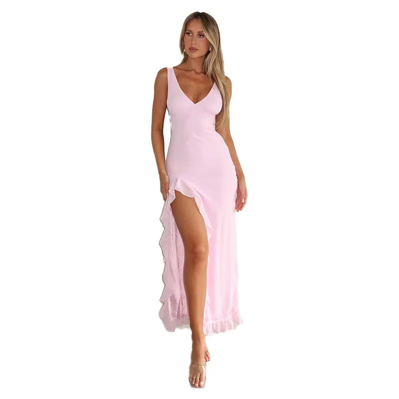 Sling long skirt with slit dress, halter top long skirt collar, ruffle edge slit dress