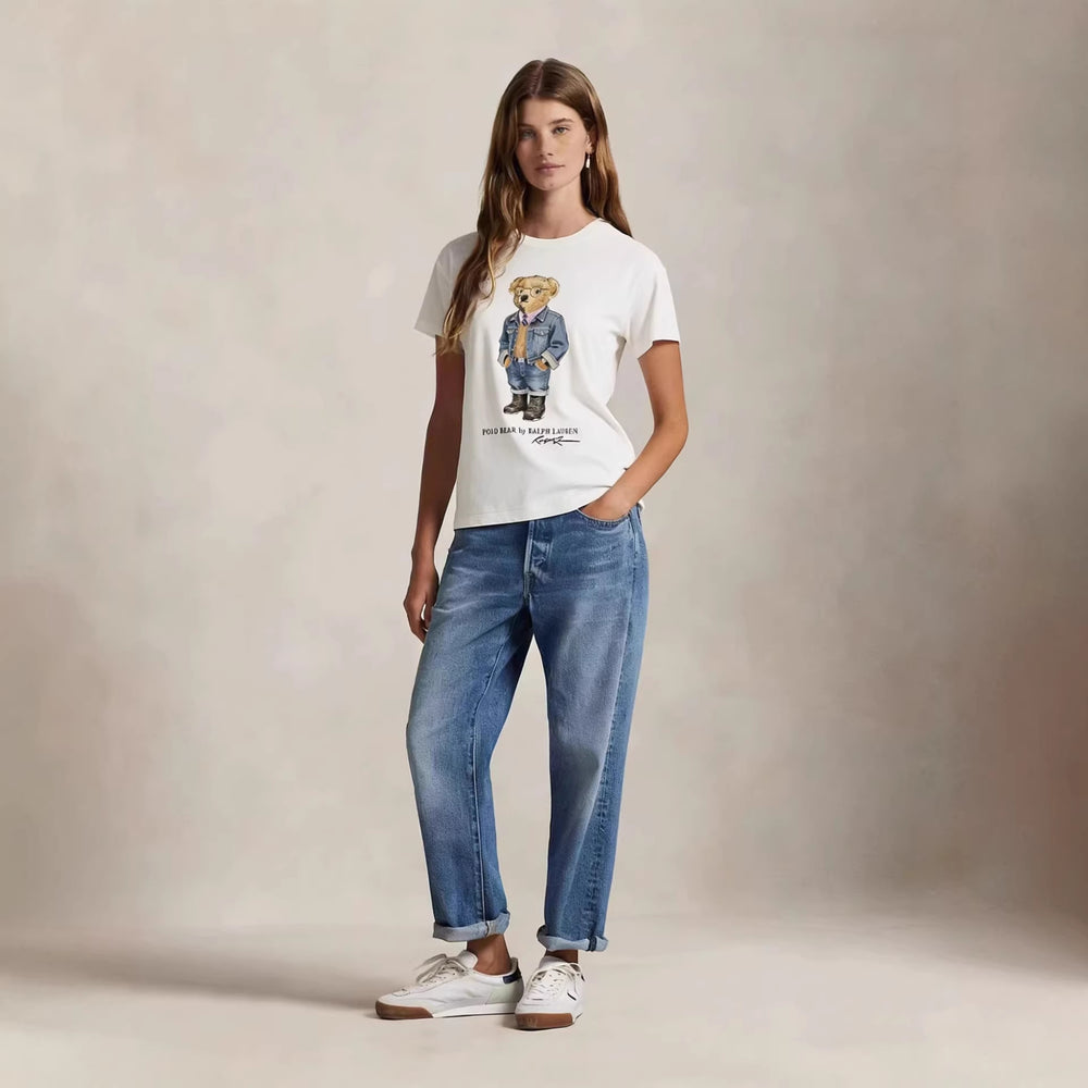 European and American Cross border 2026 Summer Cross border Women's Fashion New Casual Bear Printed Round Neck T-shirt Short Sleeve Top