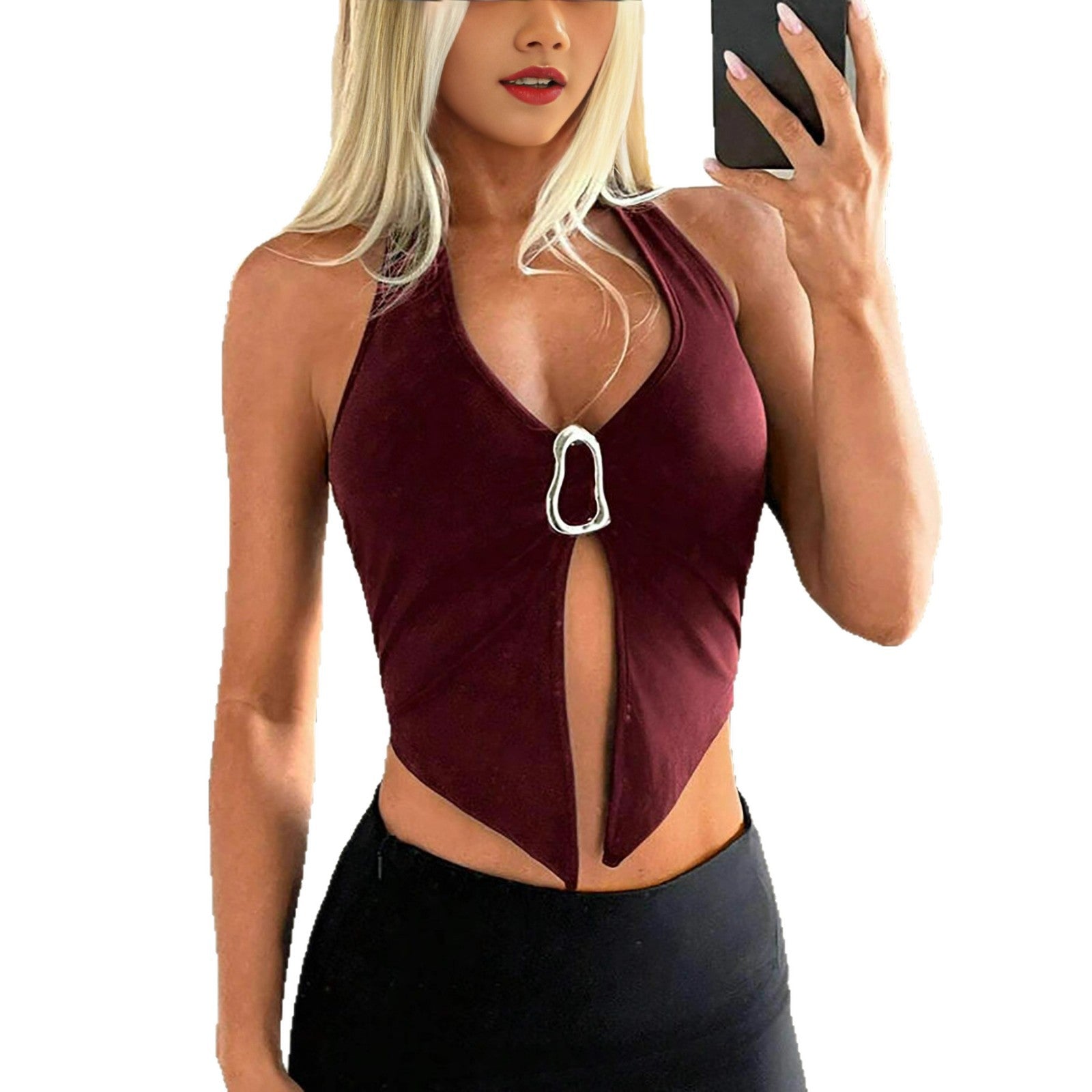 2026 European and American cross-border foreign trade women's clothing metal buckle hollow hanging neck backless top sexy and fashionable slim fit vest