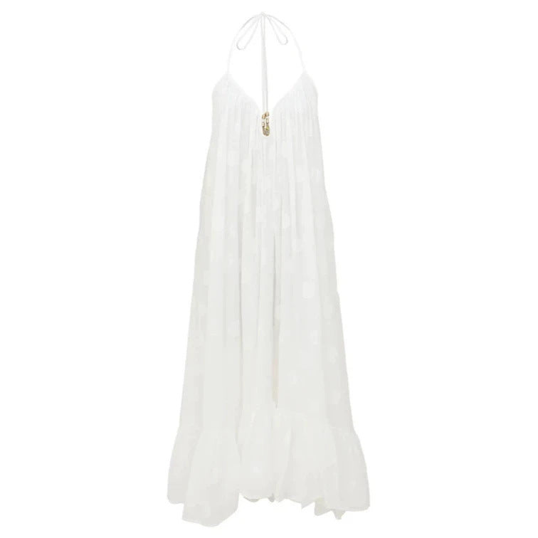 2026 new cross-border women's white flowing camisole vacation V-neck sleeveless wide truffle back jumpsuit dress from Europe and America