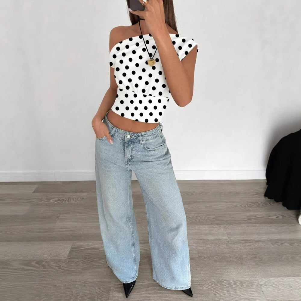 2026 European and American Cross border Summer Fashion New Women's Top, AliExpress Personalized Wave Point Slant Shoulder Exposed Umbili Short Top