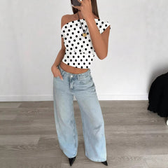 2026 European and American Cross border Summer Fashion New Women's Top, AliExpress Personalized Wave Point Slant Shoulder Exposed Umbili Short Top