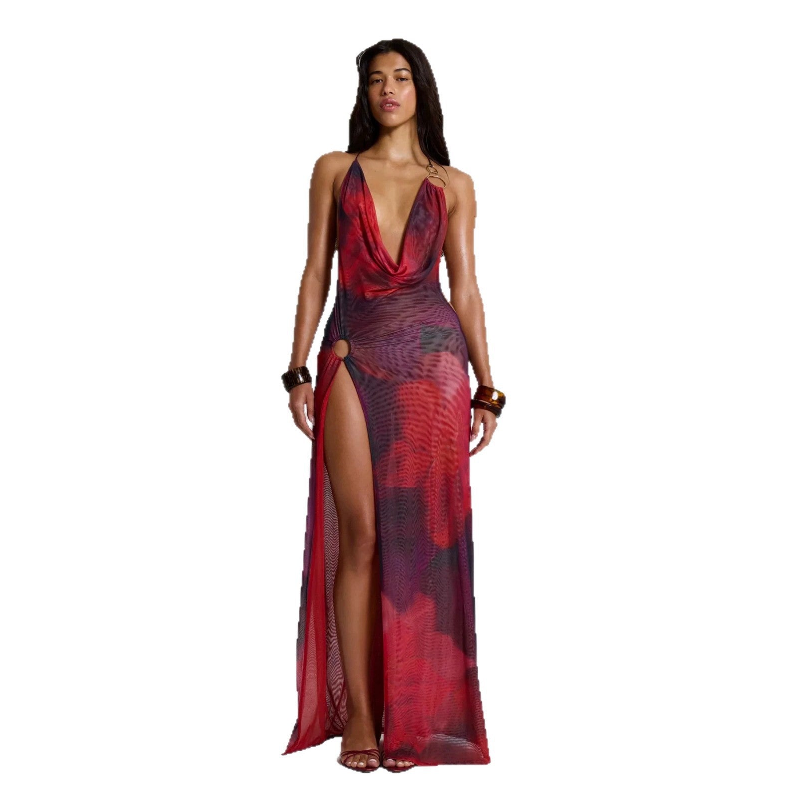 European and American 2026 new cross-border women's sexy spicy girl style blend dye hanging neck high slit waist slimming dress