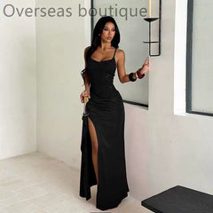 Split party dress for women with suspender texture and split party dress