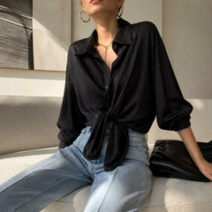 European and American 2026 autumn women's fashion temperament commuting style solid color striped satin design sense niche fashionable top
