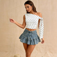 2026 European and American Cross border Summer Foreign Trade Style Wave Point Asymmetric Collar Short Tank Top Speed TEMU Versatile Strap Top