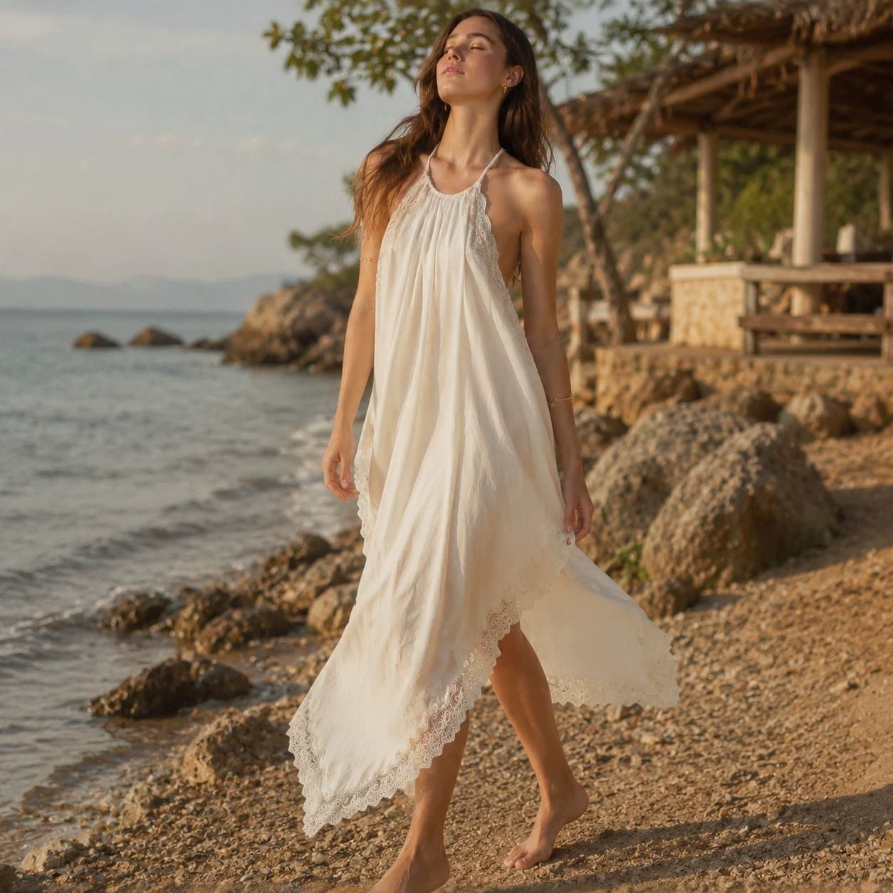 2026 New Cross border Women's Wear White Strap Beach Vacation Beach Skirt Sleeveless Lace Dress from Europe and America
