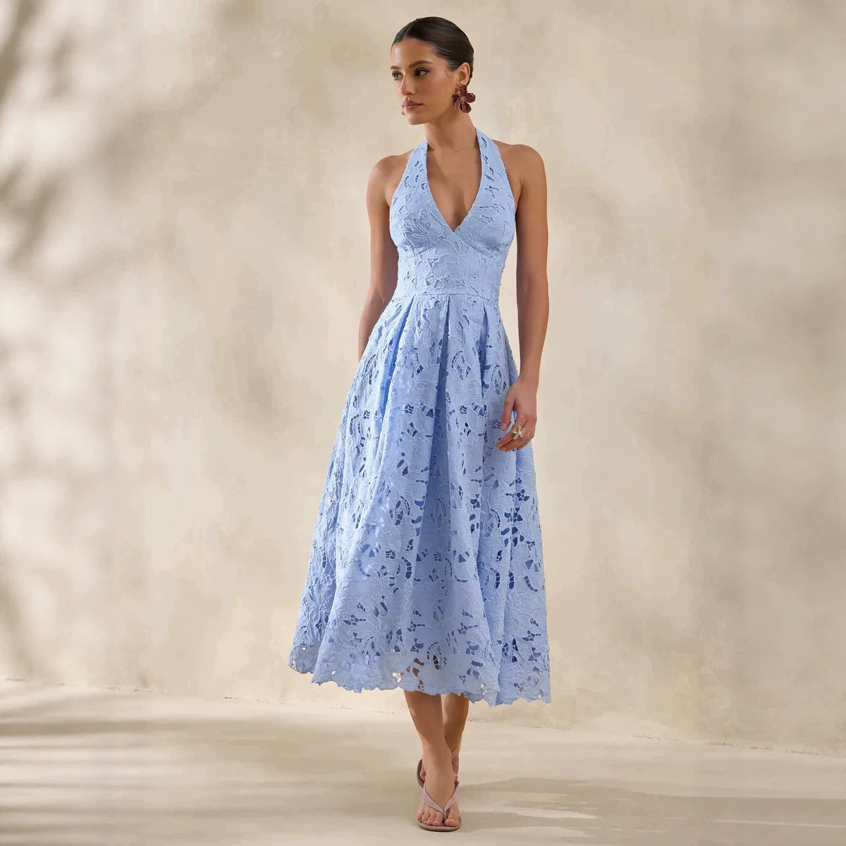 2026 New Cross border Women's Dress from Europe and America, Gentle Vacation Style, Elegant Lace Hanging Neck, V-neck, Waist cinching, Slimming Dress