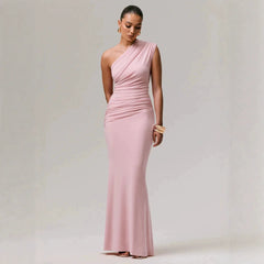 2026 New Cross border Women's Clothing French Gentle Style Single Shoulder Slant Shoulder Folded Waist Fish Tail Holiday Dress from Europe and America