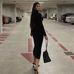 Solid Fit High Neck Long Sleeve Dress Solid Color Slimming High Neck Long Sleeve Dress