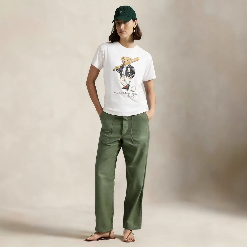 European and American Cross border 2026 Summer Cross border Women's Fashion New Casual Bear Printed Round Neck T-shirt Short Sleeve Top