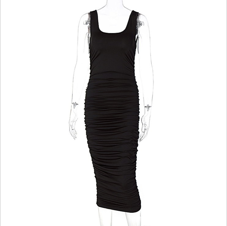 Solid color sleeveless slim pleated dress solid color sleeveless pleated dress