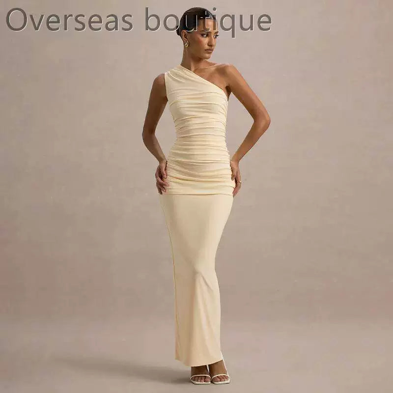 Slanted Shoulder Dress with Folded Diagonal Shoulders, Slimming and Waist cinching Evening Dress for Women