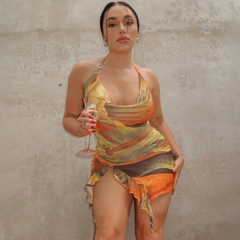 Printed backless lace up dress for women