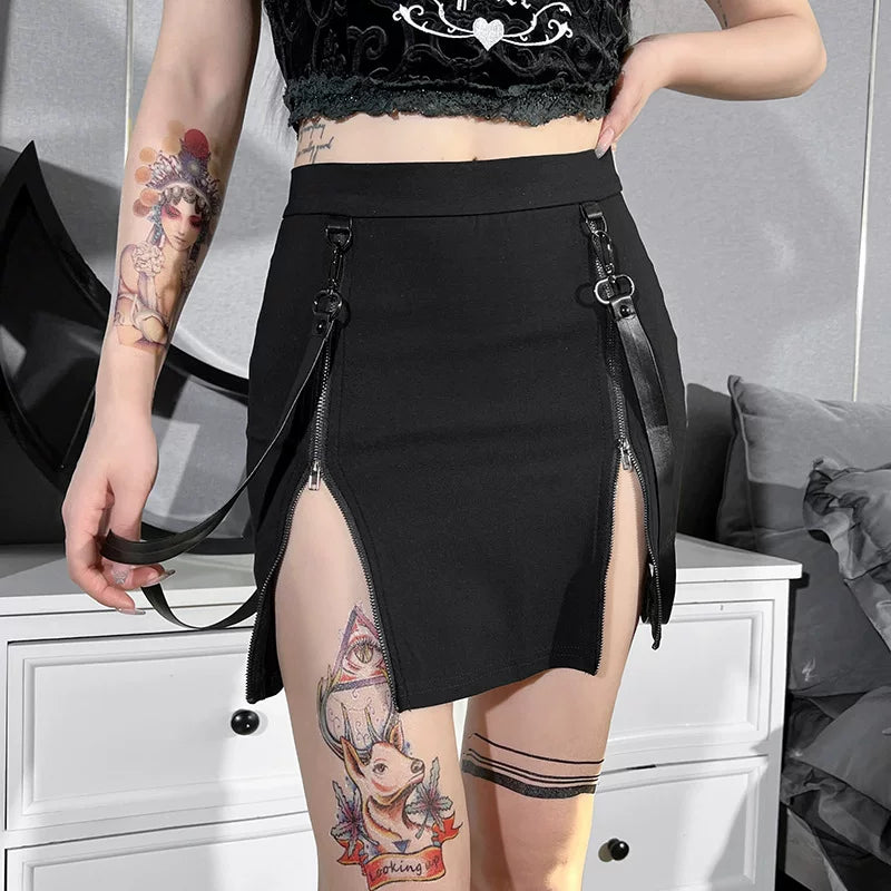 Design sense: Double zipper, high waist, slit, spicy girl, tight fitting, hip hugging skirt, women's trendy, short, sexy half length skirt, summer