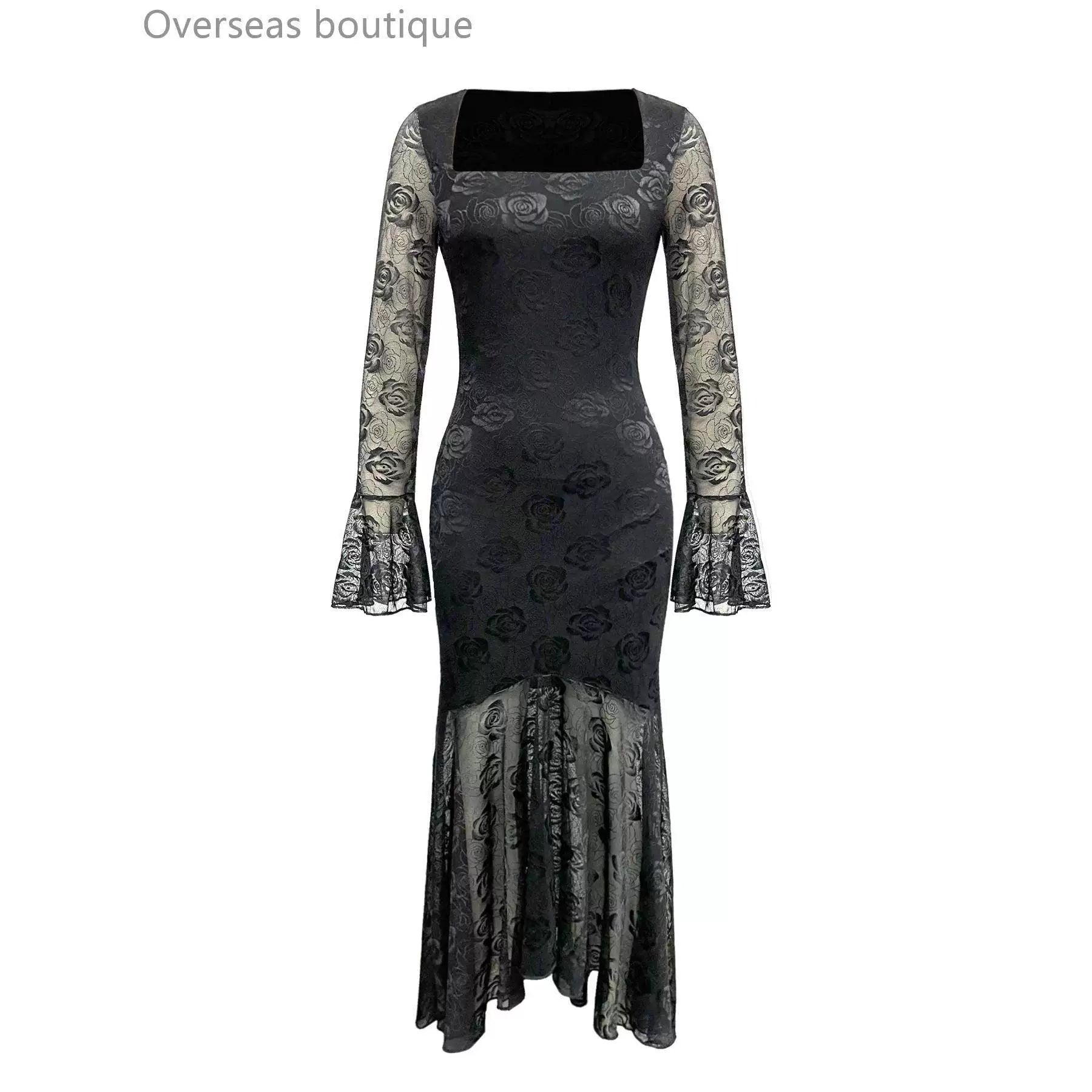 Irregular hemline slim fit dress with mesh jacquard square collar and irregular skirt
