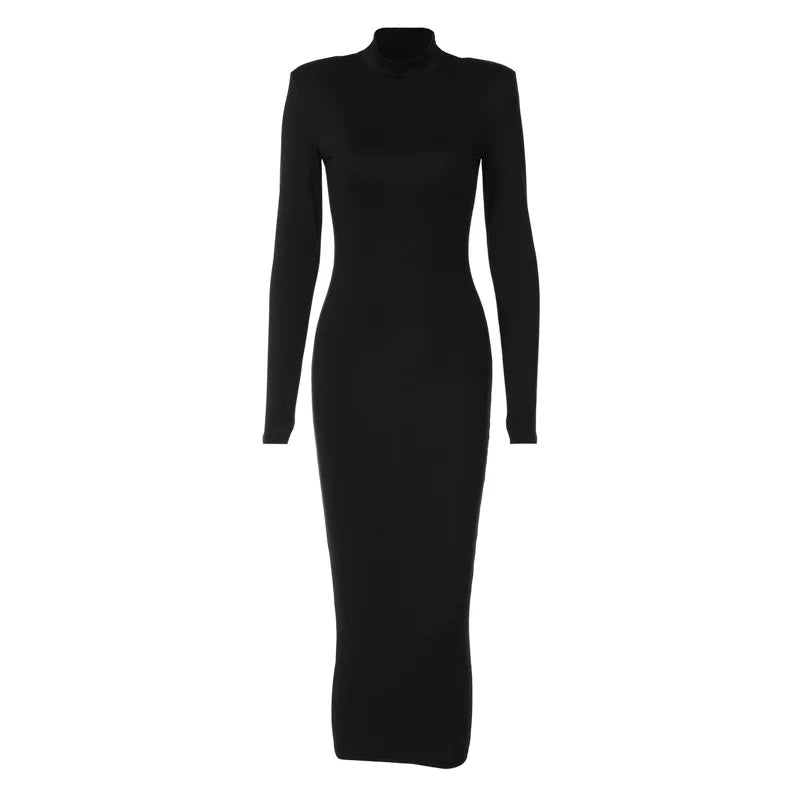 Solid Fit High Neck Long Sleeve Dress Solid Color Slimming High Neck Long Sleeve Dress